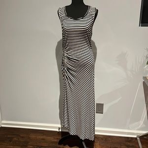 Striped asymmetric ruched jersey maxi dress